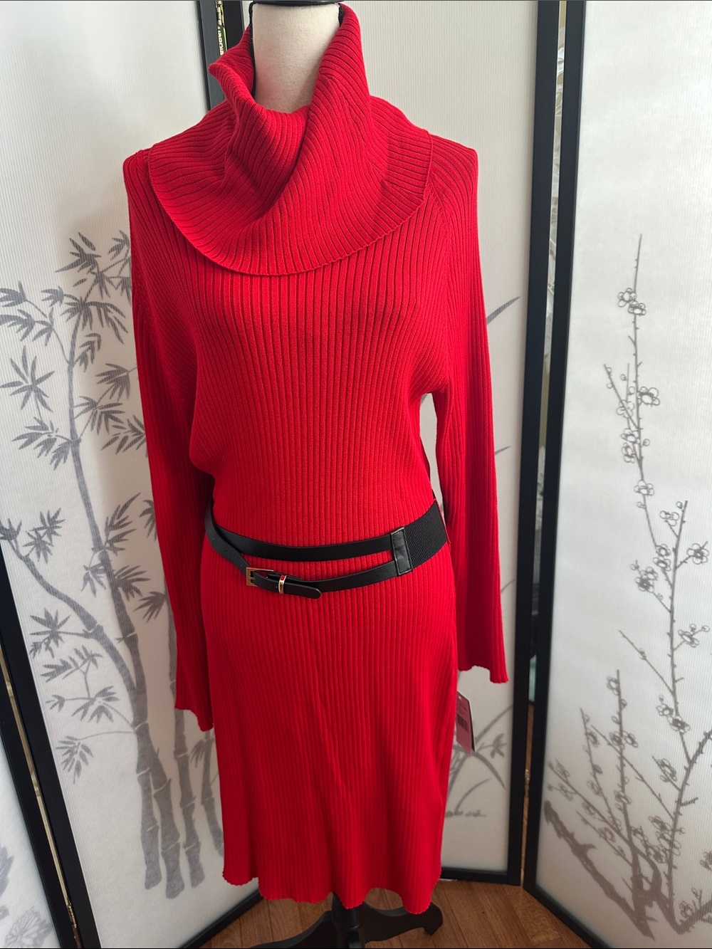 NWT Donna Ricco Bright Belted Red Ribbed Cowl Neck Sweater Dress